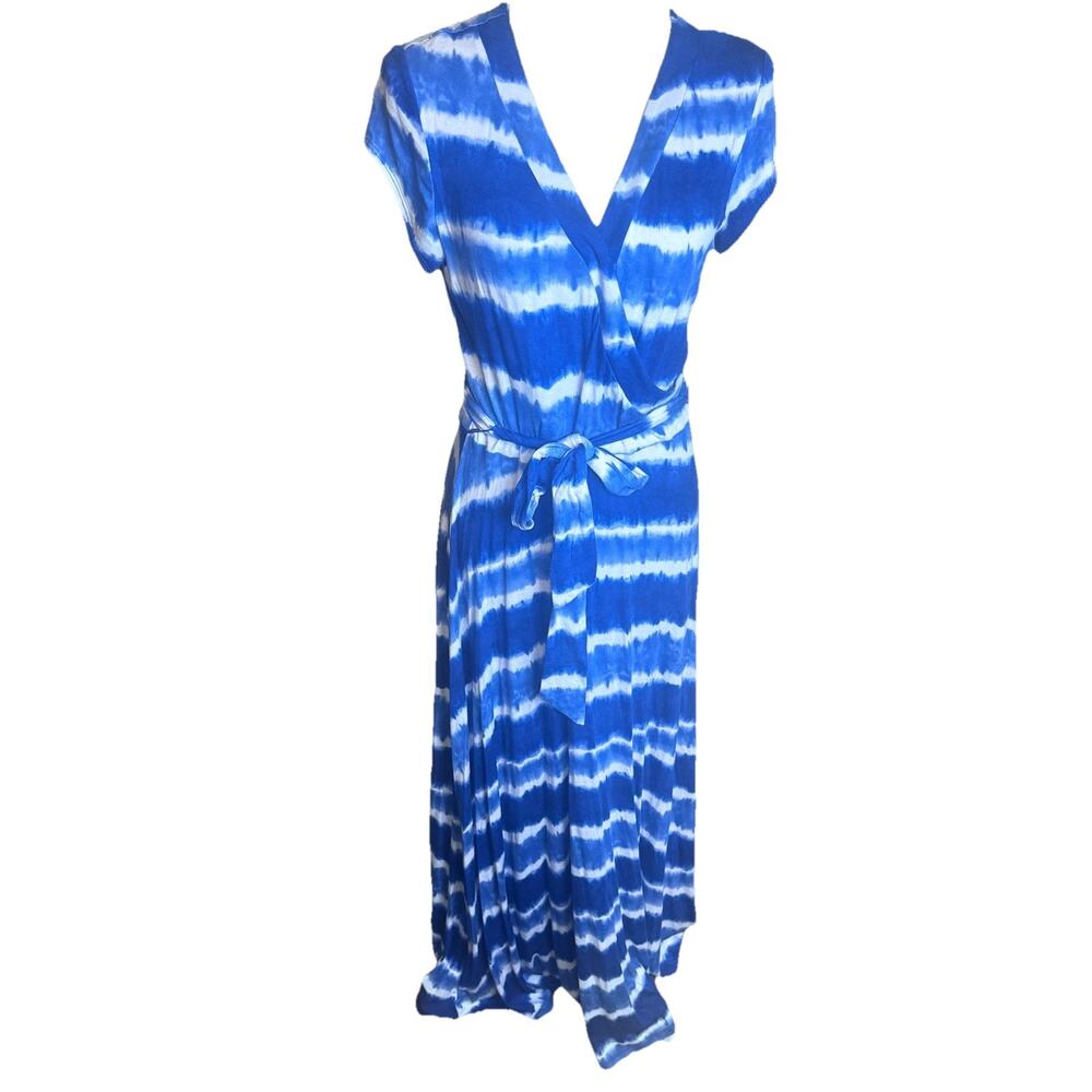 New Directions Blue Tie Dye Maxi Dress Sz‎ M Stretchy Jersey Knit Beachy